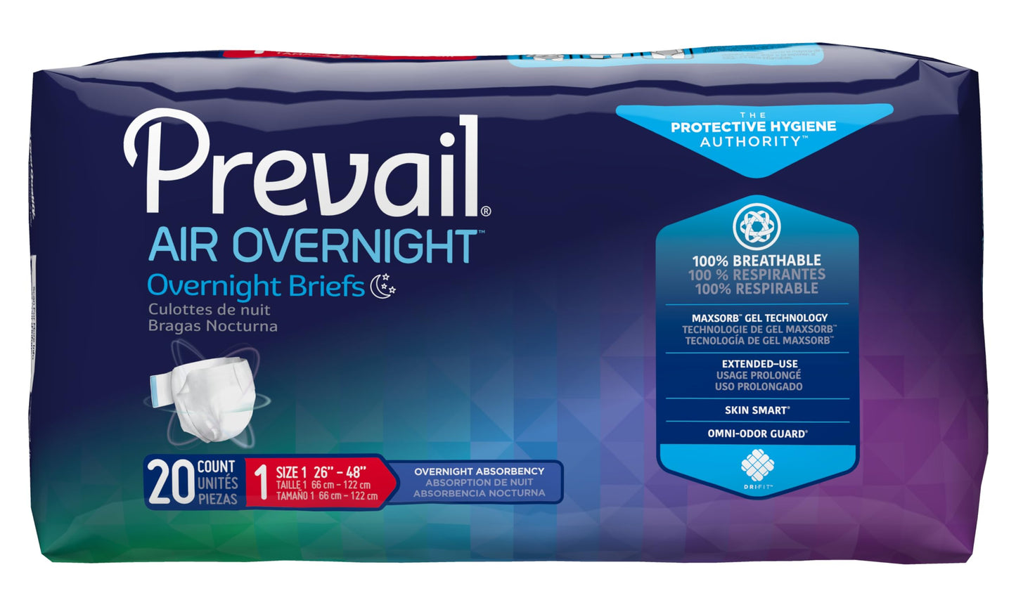 Prevail AIR Overnight Incontinence Briefs - Unisex Adult Incontinence Briefs with Tabs - Disposable Adult Diaper for Men& Women - Overnight Absorbency - Size 1, 80 Count (4 Packs of 20)