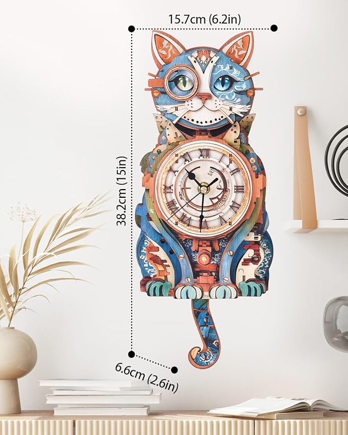 3D Wooden Puzzles for Adults, Detective Cat Clock with Pendulum Model Kit, 3D Puzzles for Adults Room Home Decor DIY Wall Clock Kit, Holiday Birthday Christmas Day Gifts for Men Women Teens
