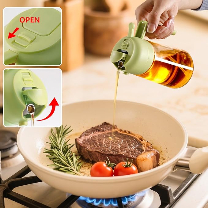 16oz/470ml Oil Dispenser and Oil Sprayer, Glass Olive Oil Pourer for Kitchen, Air Fryer, Cooking, Salad, BBQ(Green)