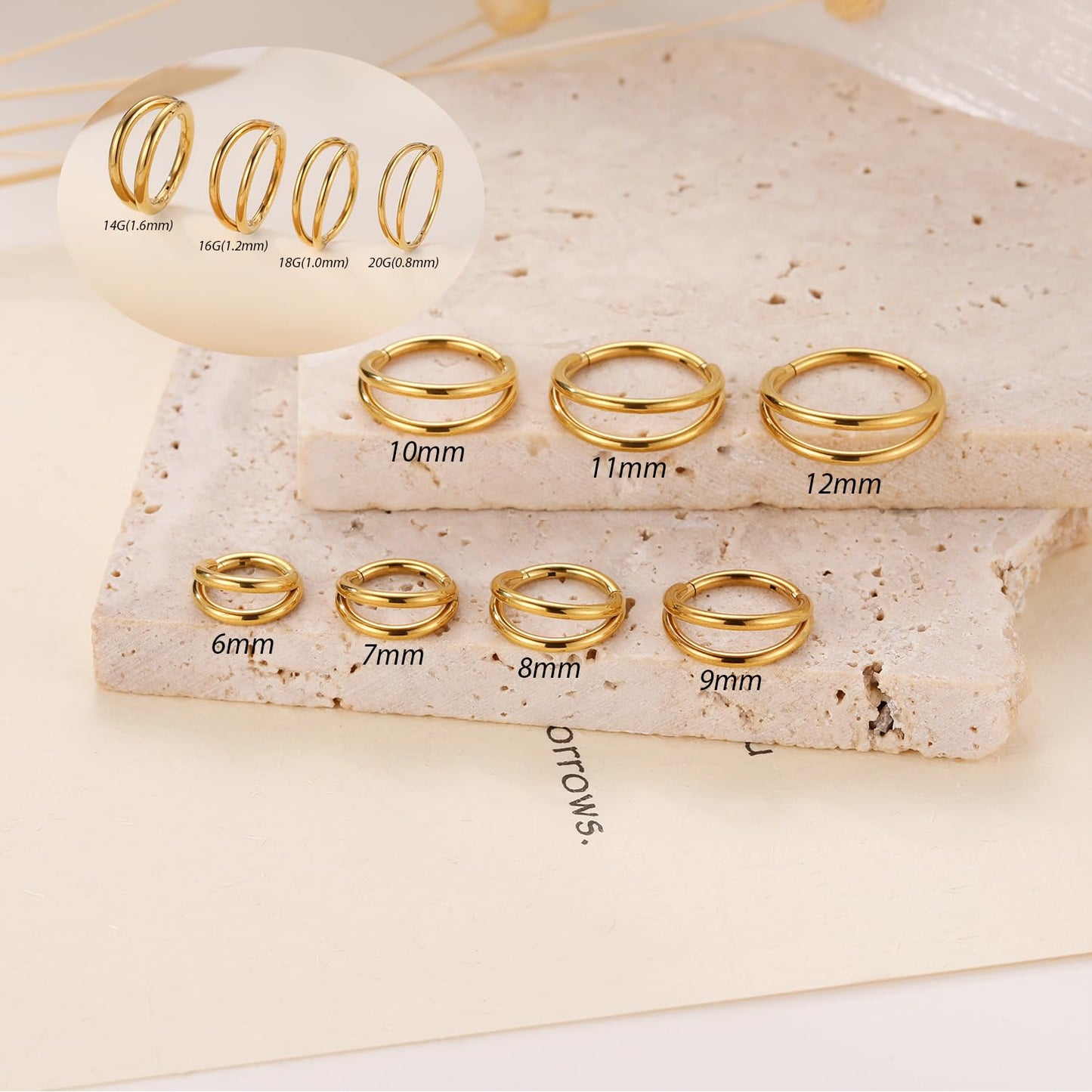 FUNLMO Conch Helix Tragus Rook Daith Nose Ring - Gold Septum, Double Hoop, Cartilage Hoop Earring - 316L Surgical Steel - 16G, 1