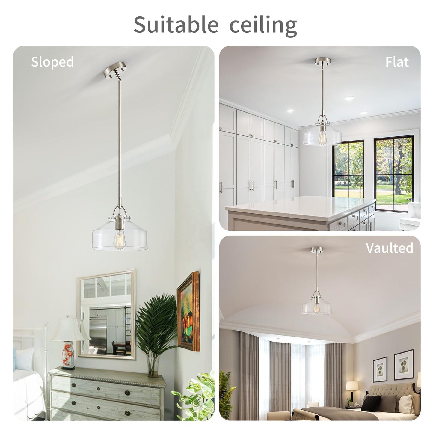 Wuzups Chandelier Rustic Farmhouse Industrial Round Ceiling Pendant Led Light Fixture With Clear Glass Shades For Dining Room Kitchen Island Foyer Entryway  H 9.4 X W 10.6  E26 Base  Brushed Nickel