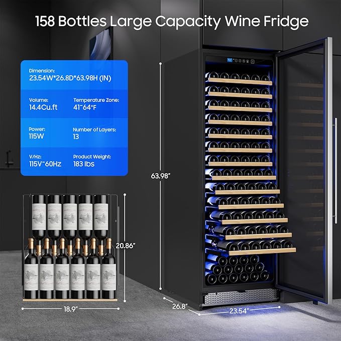 24 Inch Wine Cooler, Wine fridge Freestanding or Built-In with Door Lock, Suitable for Mixed 158 Bottles Sizes, Low Noise Operation (14.37cu.ft)