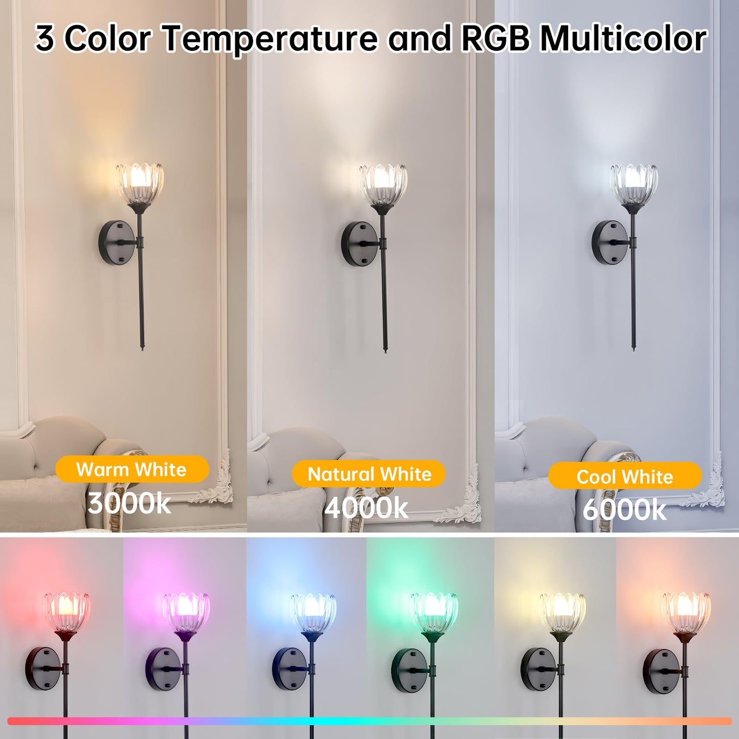 Shenmoyl Battery Operated Wall Sconce Set Of 2  Clear Tulip Vintage Wall Light Fixture Rechargeable 5000Mah Battery Powered Wall Lamp With Remote For Living Room Bathroom  Black