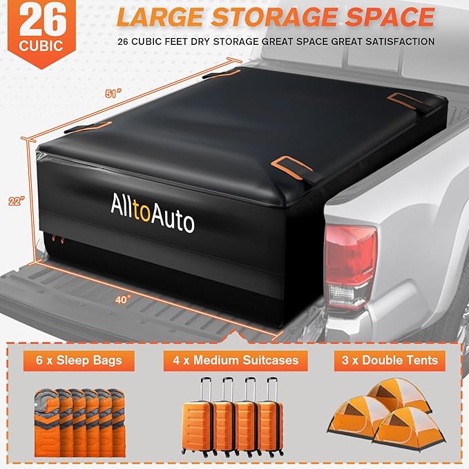 Truck Bed Cargo Bag with Cargo Net, 26 Cubic Feet (51''x40''x22''), 4'x6' Cargo Net Stretches to 8'x12', 100% Waterproof 600D Heavy Duty, Fits Any Truck Size, Convenient for Installation