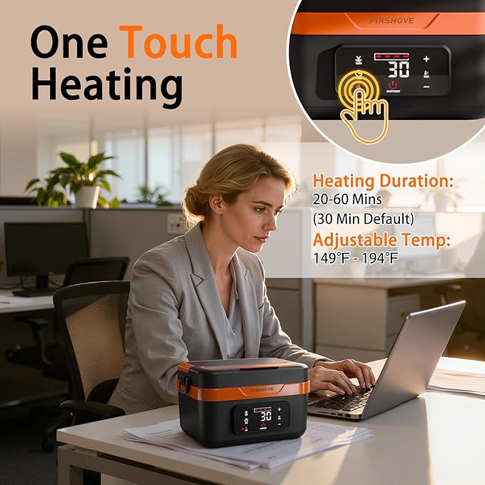 Electric Heated Lunch Box: Cordless 6.3-Cup Portable Food Warmer with 75W Fast Heating & Type-C, Leak Proof Stainless Steel Container for Truck Drivers, Office & Construction Workers, Black