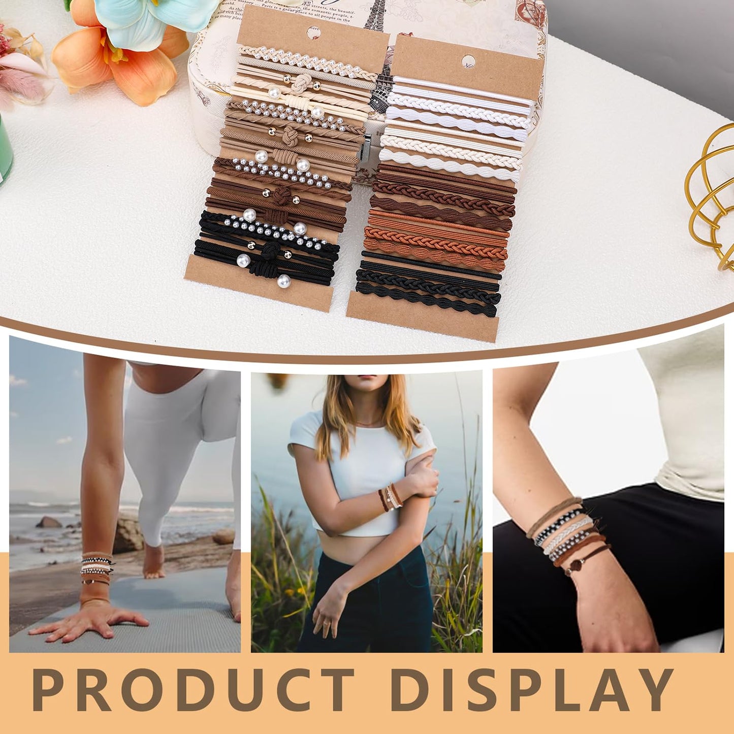 Hairties for women,40PCS Boho hair ties for thick or thin hair, black elastic bands, bracelets ponytail holders fo Mother's Day,