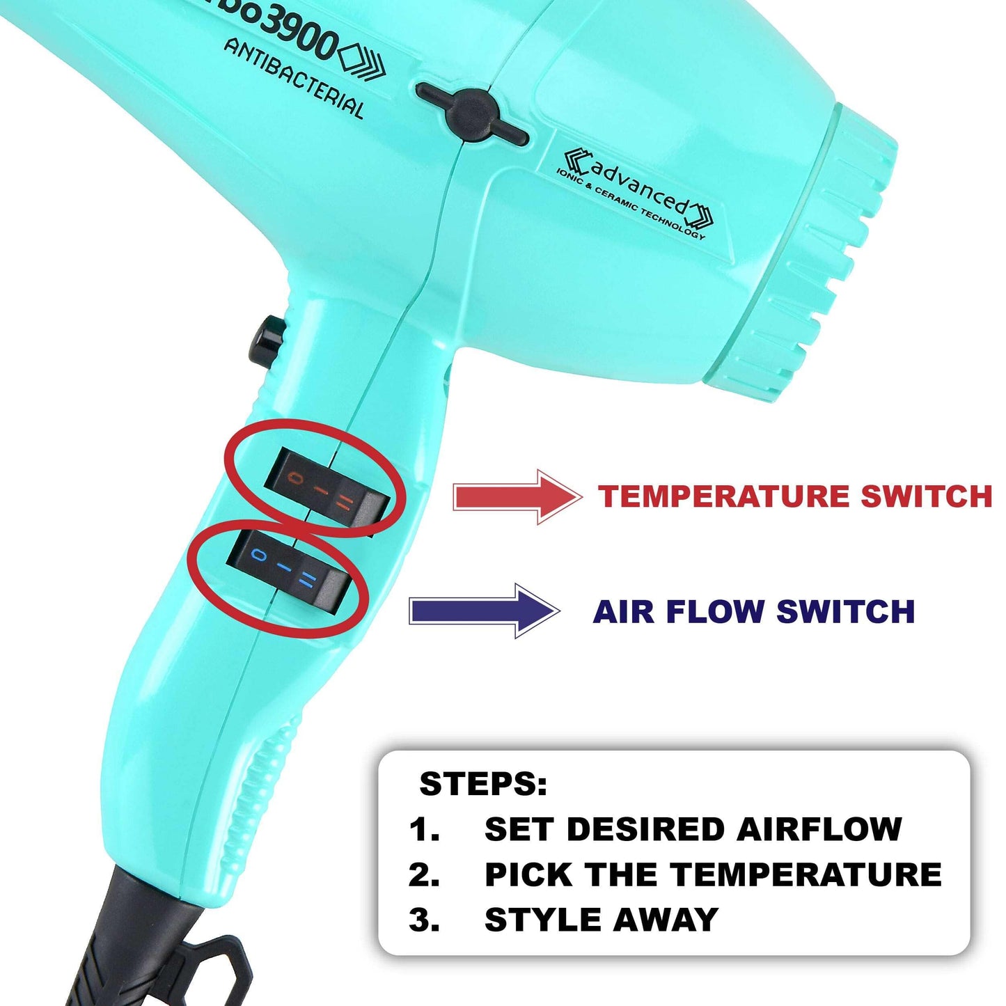 Turbo Power Twin Turbo 3900 Advanced Ionic & Ceramic Silver Hair Dryer + M Hair Designs Tangle Stop Cord Detangler (Bundle) - Fa