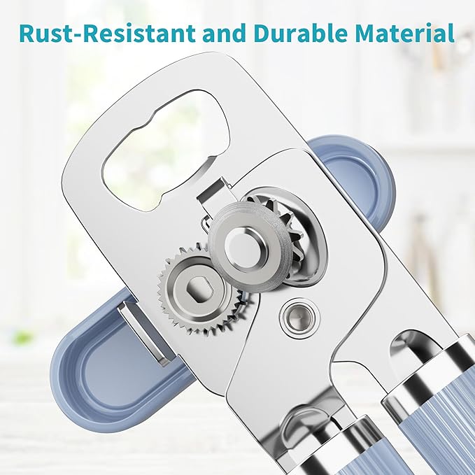Ultrean Manual Can Opener Bottle Opener, Heavy Duty Stainless Steel Smooth Edge Manual Hand Held Can Opener With Soft Touch Handle, Rust Proof Oversized Handheld Easy Turn Knob (Blue)