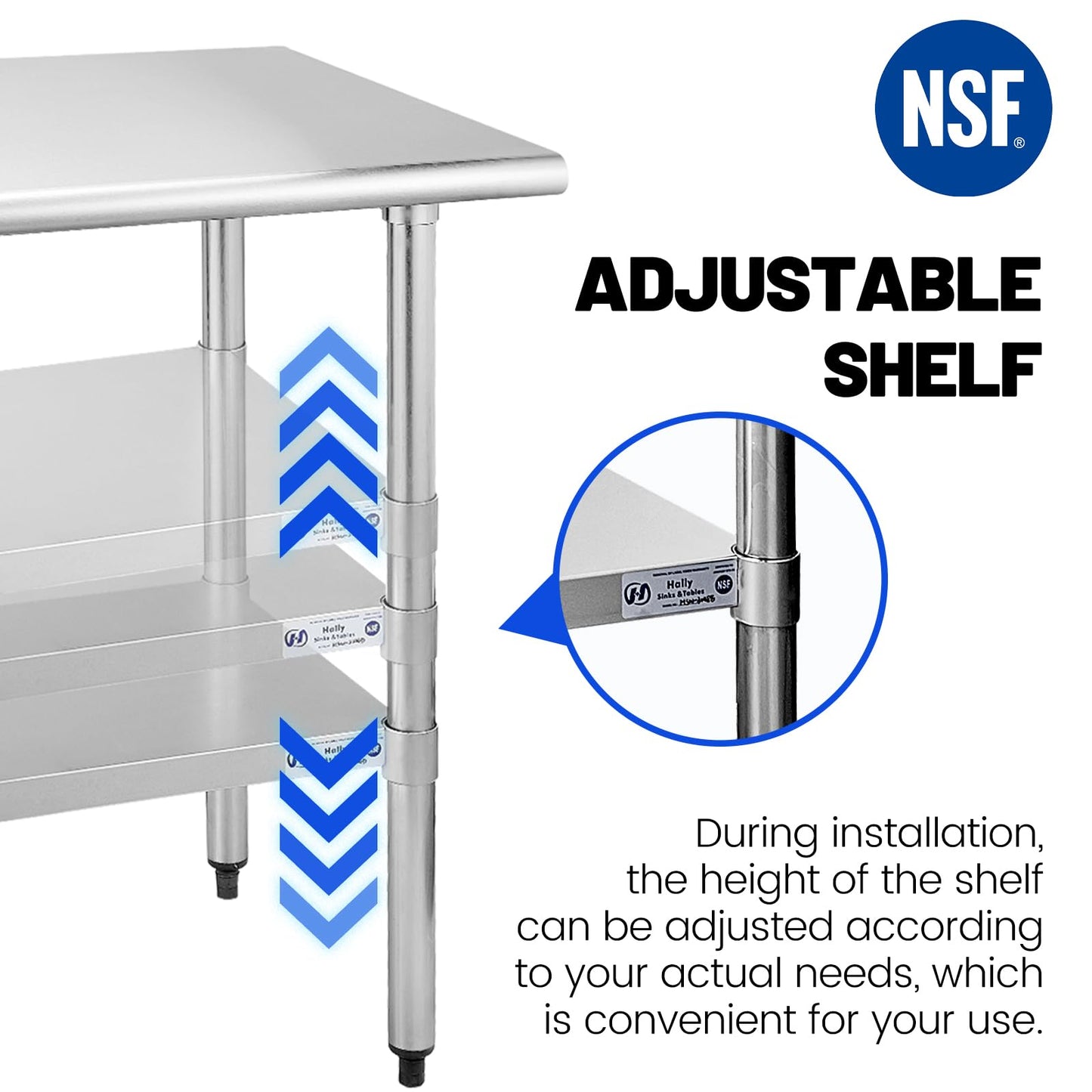 Hally Stainless Steel Table for Prep & Work 30 x 36 Inches, NSF Commercial Heavy Duty Table with Undershelf and Galvanized Legs for Restaurant, Home and Hotel