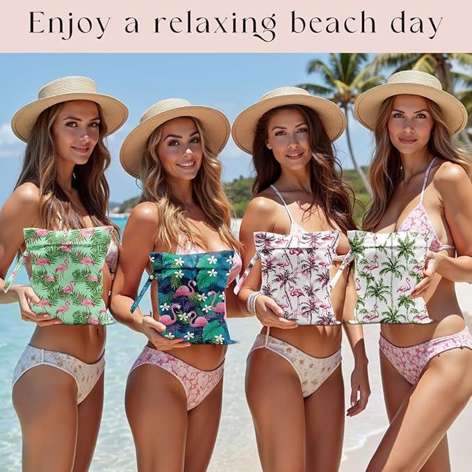 4 Pack Wet Bag for Swimsuit, Beach Travel Essentials Wet Dry Bag, for Sunscreen Toiletry Dirty Clothes Yoga Gym Diaper, Friend Summer Beach Vacation Gifts. Flamingo Series
