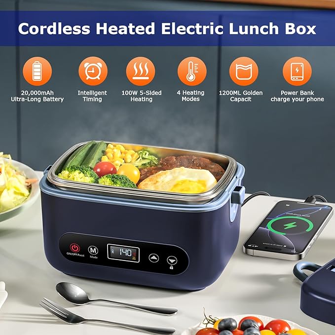 1.2L Cordless Electric Lunch Box – 20000mAh Rechargeable Portable Food Warmer with 5-Sided Heating, Auto Temperature Control, Leakproof & BPA-Free – Perfect for Office, Truck, Outdoors Blue