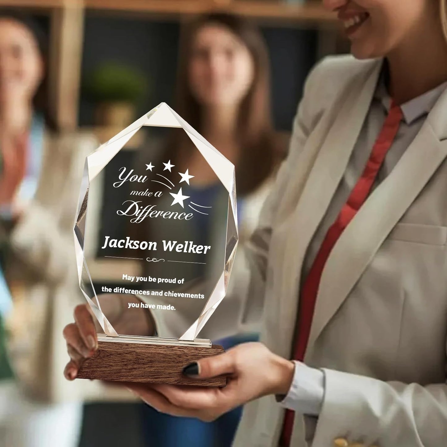 Custom Crystal Trophy Award with Wood Base, Custom Plaque Personalized Engraved with LOGO Text, Employee Appreciation Gift, Retirement Gift for Employee Coworker, Sports Recognition Trophies