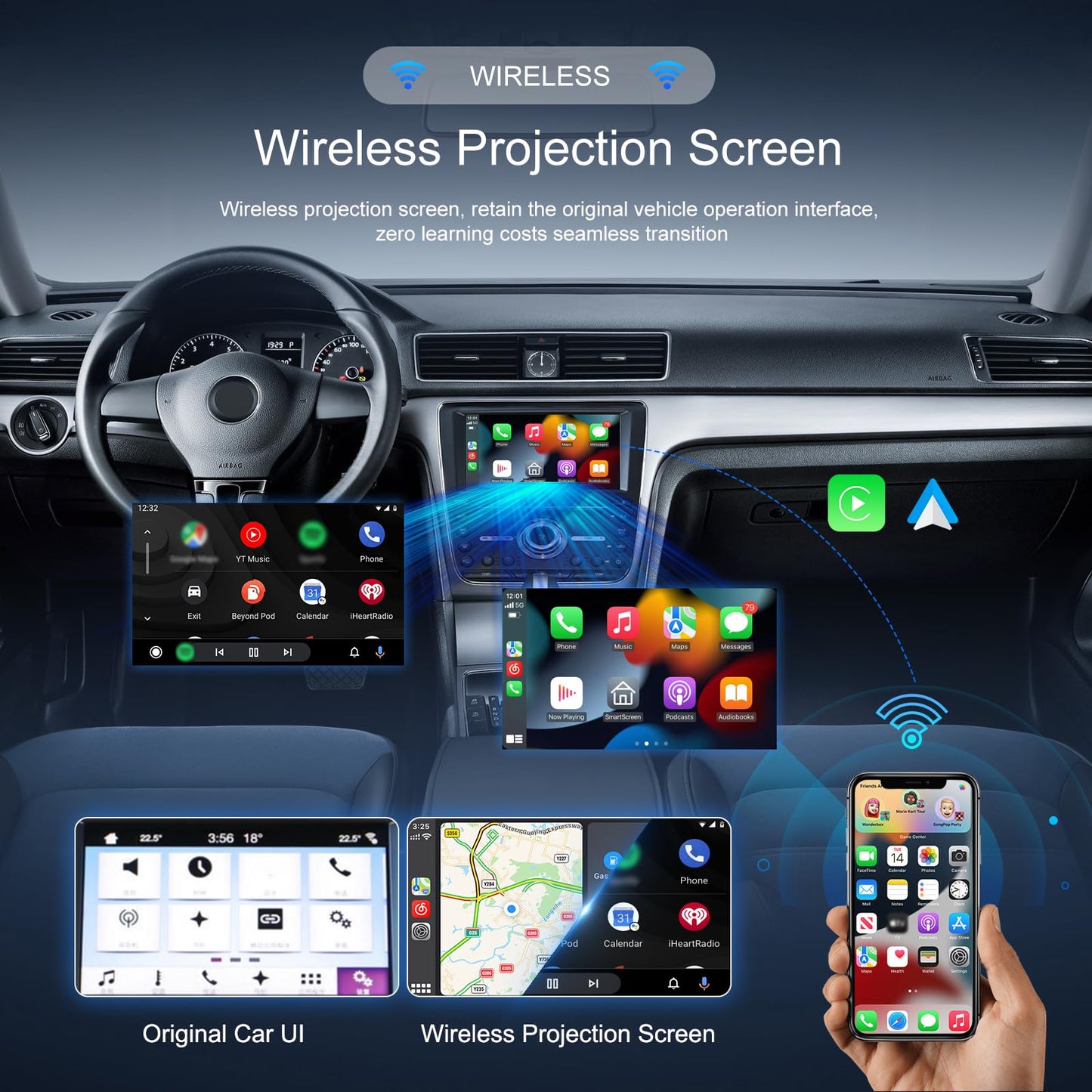 Camecho 2-In-1 Wireless Carplay Android Auto Car Adapter, Wireless Apple Car Play Android Auto Dongle, Carplay Adapter Converts