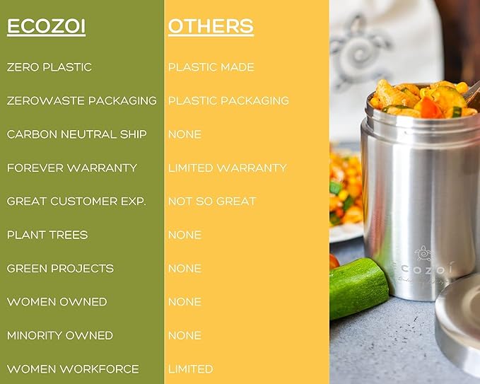 ecozoi Stainless Steel Insulated Lunch Box, Vacuum Insulated Food Jar, 17 Oz + Spork + Lunch Bag