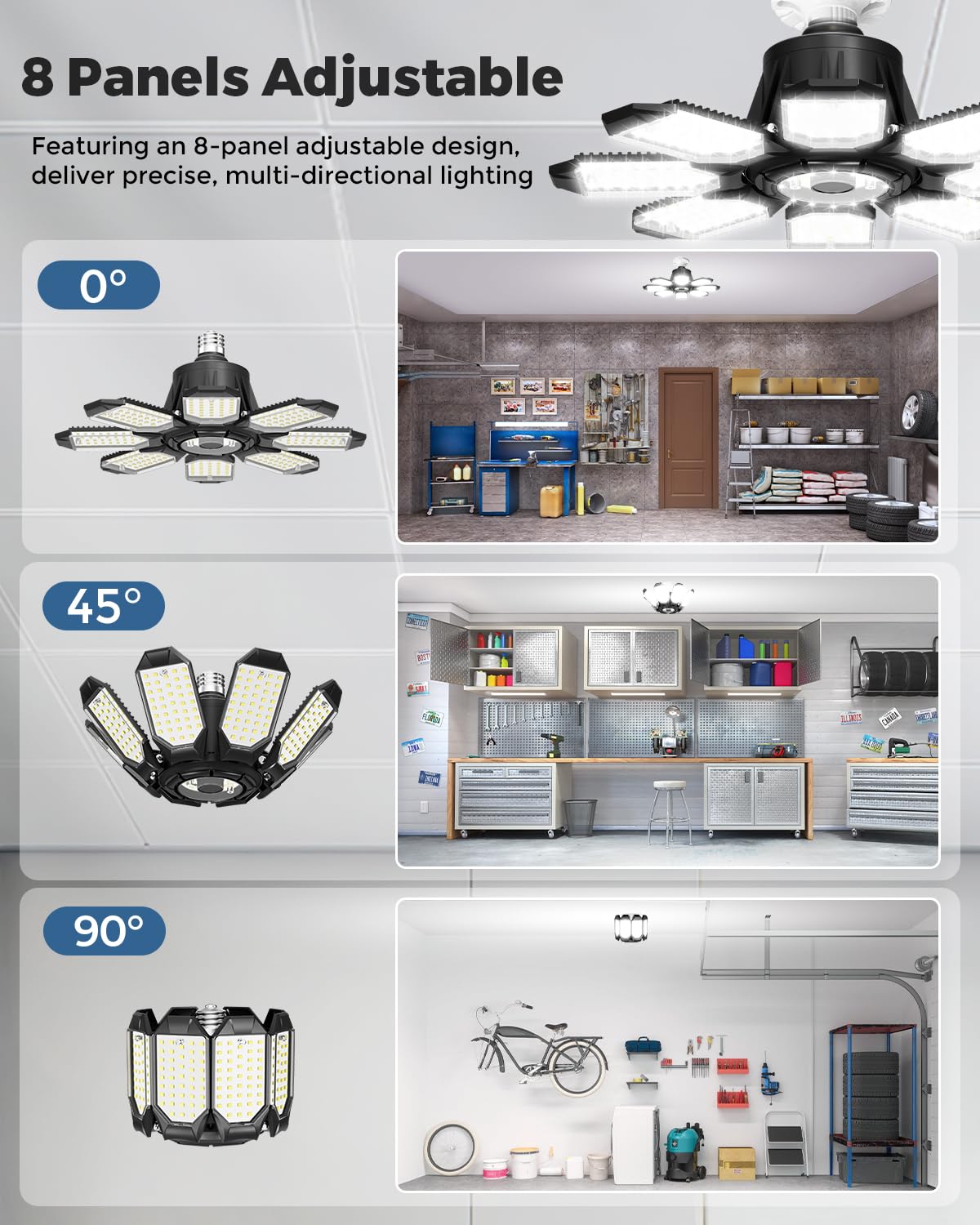 Adiding Led Garage Ceiling Lights 56000Lm 4 Pack W/ 8 Adjustable Panels  Super Bright Deformable Basement Lighting Fixture Screw In E26 Bulb Socket For Indoor Workshop  Attic  Storage  Bay  Home Gym