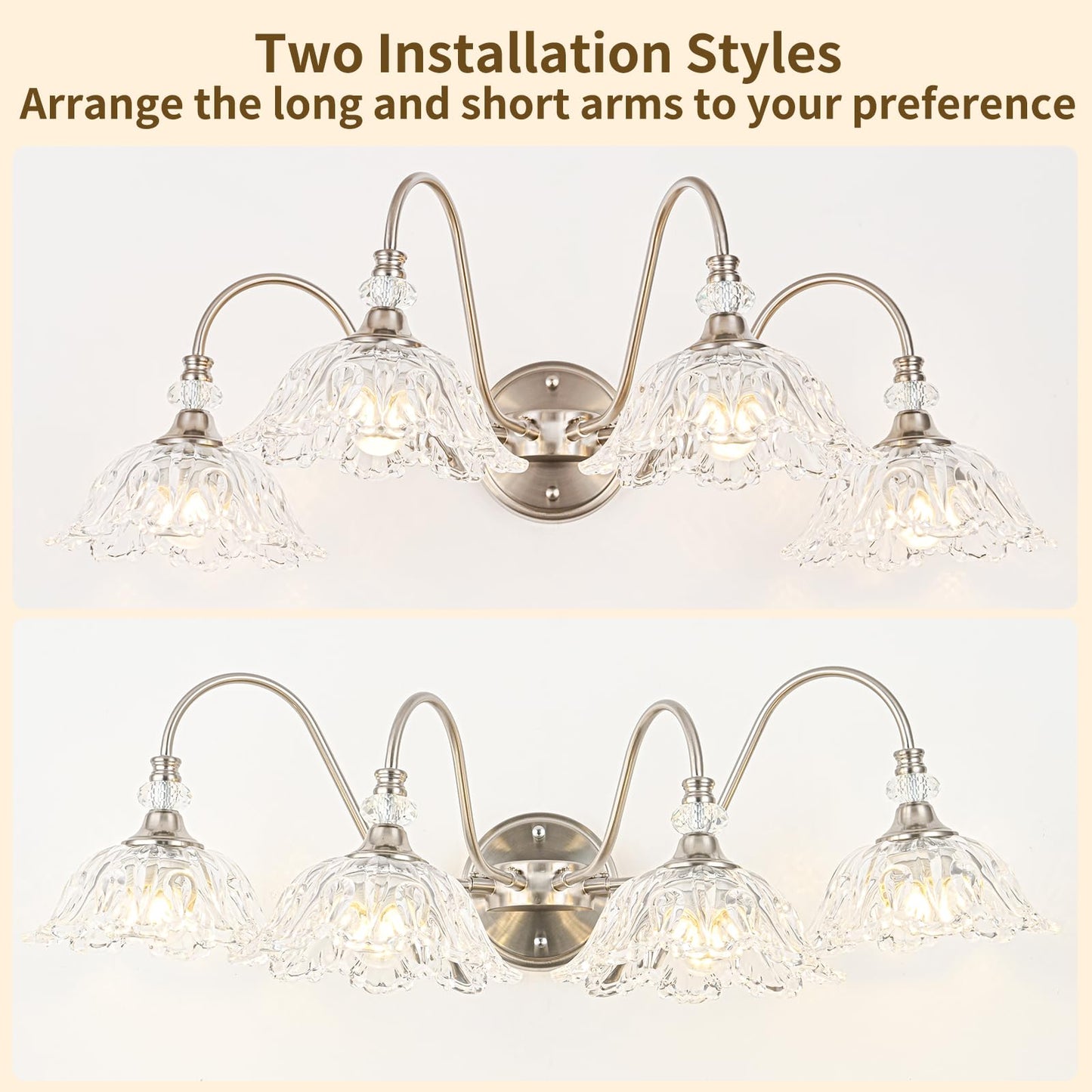 Brushed Nickel Bathroom Vanity Light  4-Light Vanity Light With Floral Clear Glass Shades  Brushed Nickel Wall Mount Lighting For Bathroom  Dressing Table