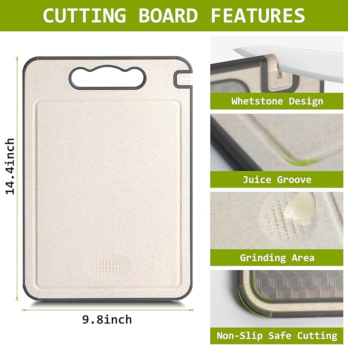 3-in-1 Stainless Steel Cutting Board for Kitchen, Double Sided,Non Toxic Cutting Board,Scratch-Resistant Mesh Design with Juice Groove,Easy Clean,Wheat Straw PP Large Chopping Board (15''*10'')
