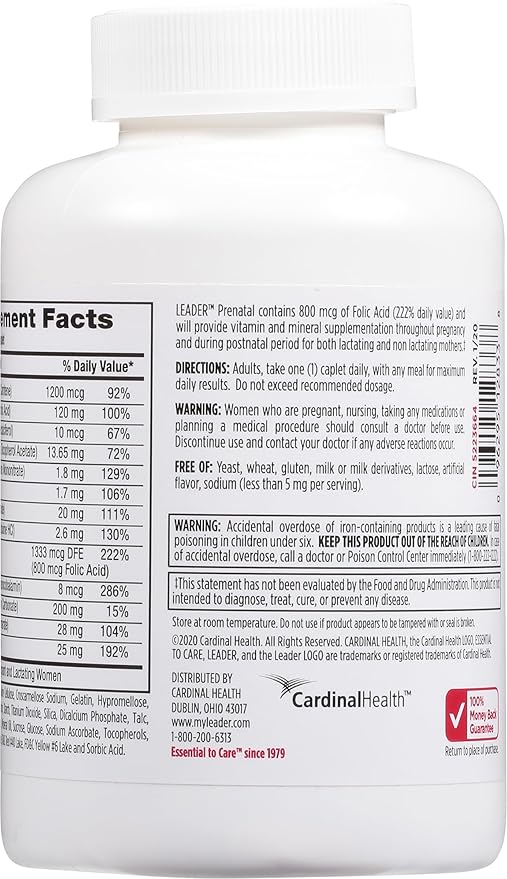 Leader PreNatal Vitamins, 365 Caplets ? Daily Nutritional Support for Expectant Mothers ? Essential Nutrients, Folic Acid, Iron, DHA