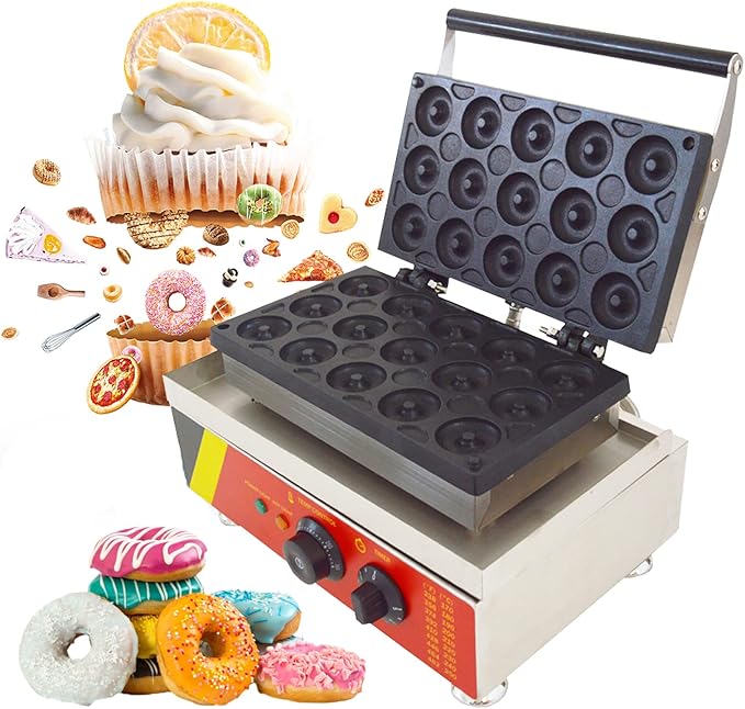 INTBUYING 15Pcs Mini Dount Maker Machine Commercial Electric Waffle Donut Machine 0℃-300℃ 1750W Double-Sided Heating Non-Stick Doughnut Baking Machine 1.85" Snack Maker 110V(1.85" 15 Dounts)