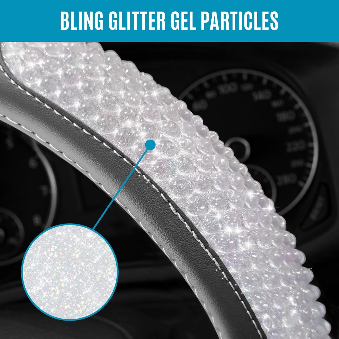 PIC AUTO Steering Wheel Cover, Glitter Gel Particles & Mint Luxury Leather Car Steering Cover, Universal Fit 14.5"-15.5" Anti-Slip Car Wheels Cover for Girls & Women