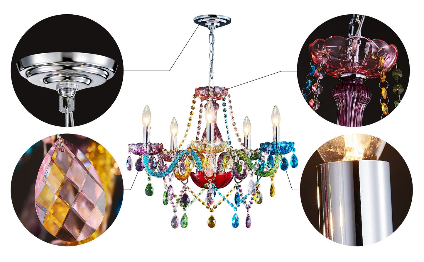 Sm Saint Mossi Modern K9 Crystal Chandelier, 5-Light Pendant Fixture, Multi-Color, Adjustable Chain, H19 X W19, Model Sm-Dy-19084