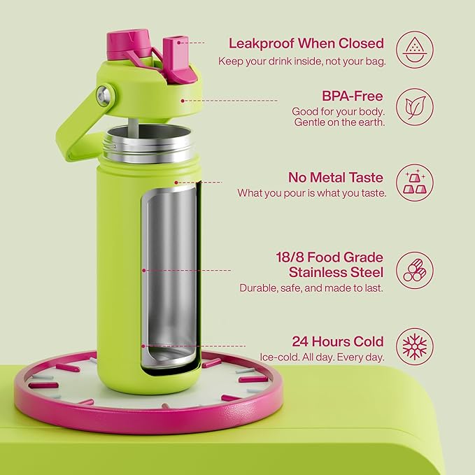 ENCOOL Insulated Water Bottle with Straw Stainless Steel Water Bottle, Leak-Proof, BPA-Free, Double Wall Vacuum Keeps Cold for 24 Hours for Sports, Travel, School (18 oz, Acid Green)