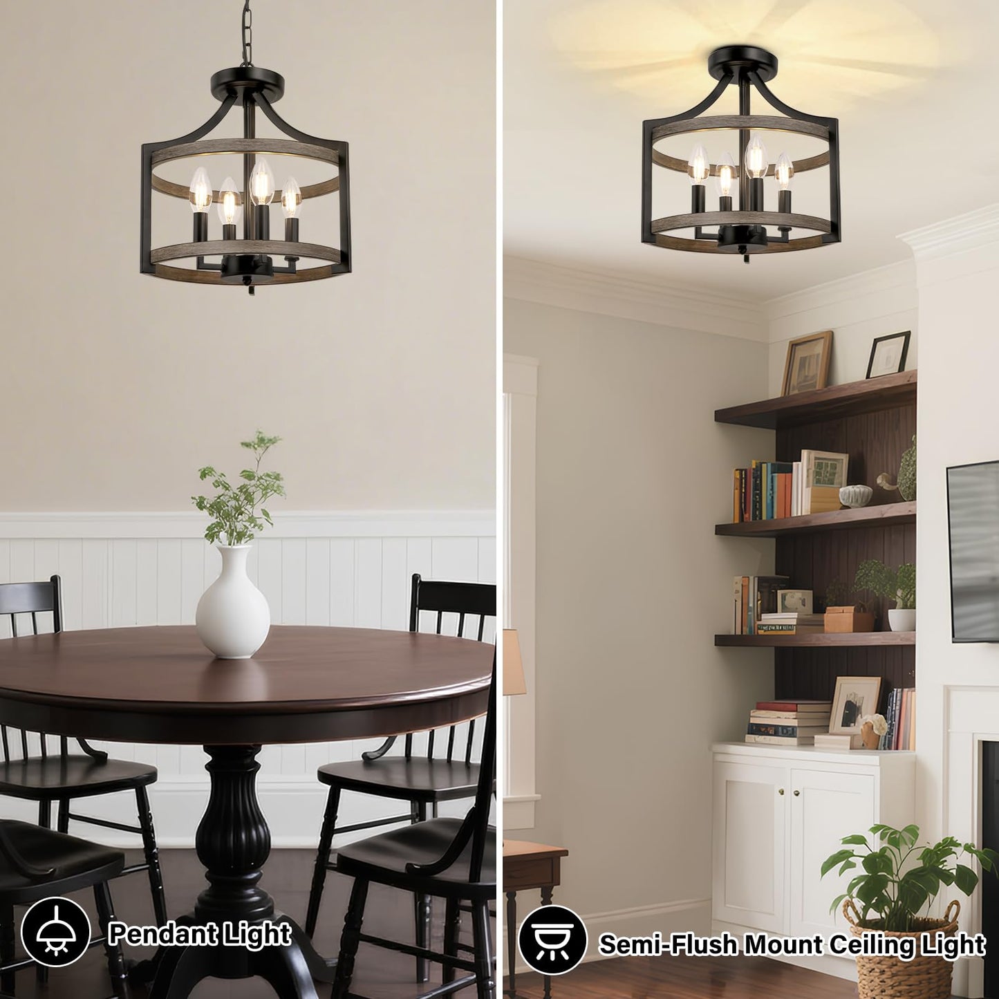 Wbindx 4-Light Farmhouse Chandelier  Rustic Metal Hanging Pendant Lighting  Convertible Semi Flush Mount Ceiling Light Fixture Faux Wood Black Chandeliers For Dining Room Kitchen Foyer Entryway