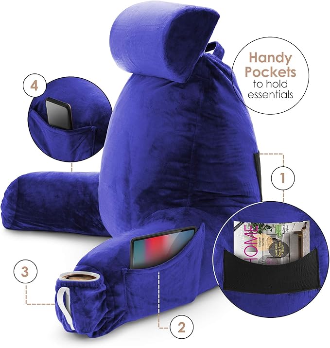 Nestl Reading Pillow Large Bed Pillow, Back Pillow for Sitting in Bed Shredded Memory Foam Chair Pillow, Reading & Bed Rest Pillows Royal Blue Back Pillow for Bed, Bed Chair Arm Pillow with Pockets
