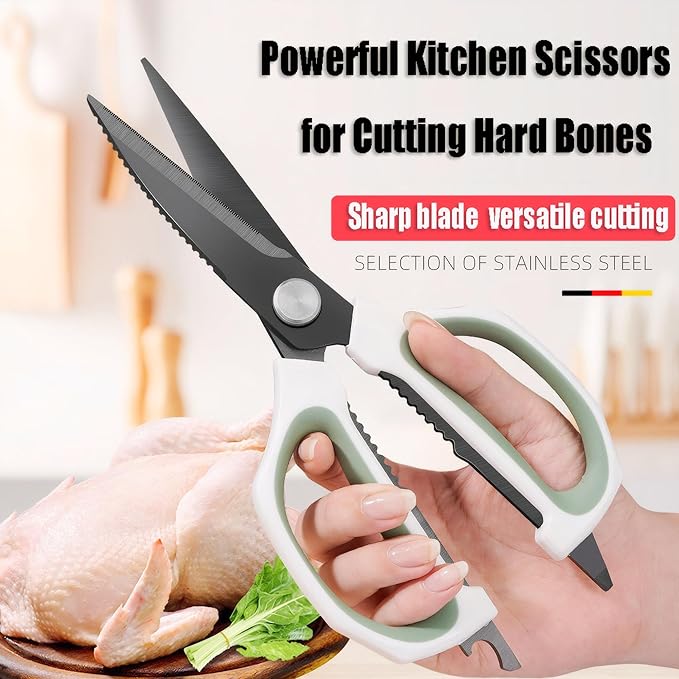 Jasni Transparent Handle Stainless Steel Sharp Powerful Kitchen Scissors Multi-Purpose Heavy Duty Food Scissors Kitchen Shears Chicken Poultry bone fish scales (Green white handle black blade)