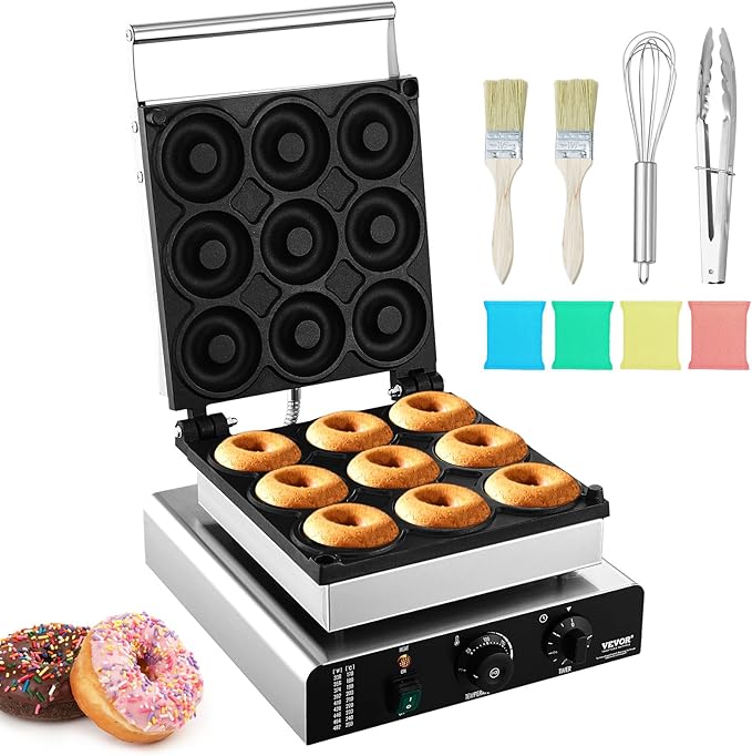VEVOR Electric Donut Maker, 2000W Commercial Doughnut Machine with Non-stick Surface, 9 Holes Double-Sided Heating Waffle Machine Makes 9 Doughnuts, Temperature 122-572℉, for Restaurant and Home Use