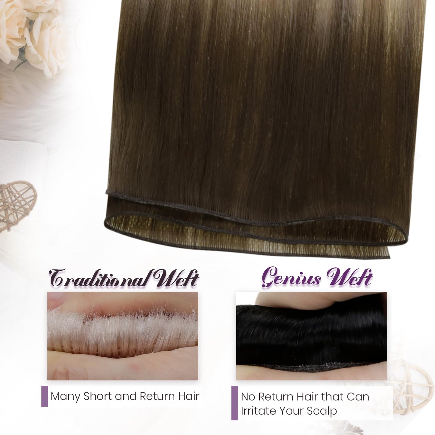 LaaVoo Genius Weft Hair Extensions Human Hair 18 Inch 25g Ombre Dark Brown to Light Brown Mix Blonde Invisible Sew in Human Hair