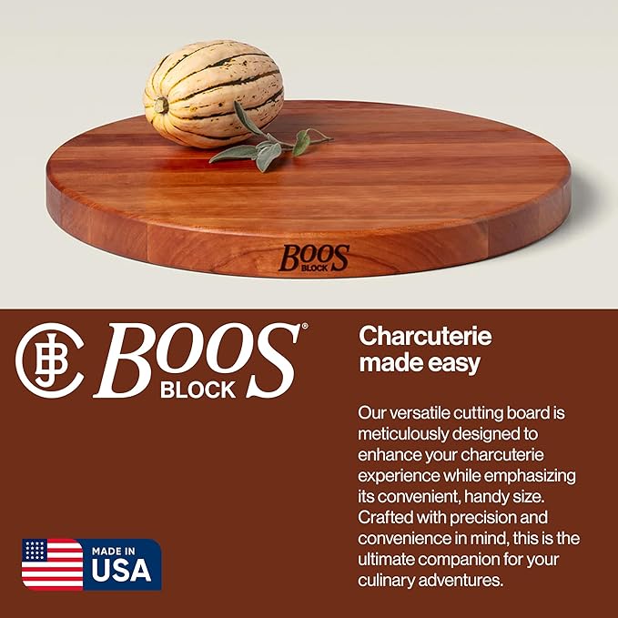 John Boos R-Board Series Round Wooden Cherry Cutting Board 18”x18” – 1.5” Thick, 10.5-lb Reversible Butcher Block with Edge-Grain – Made in the USA
