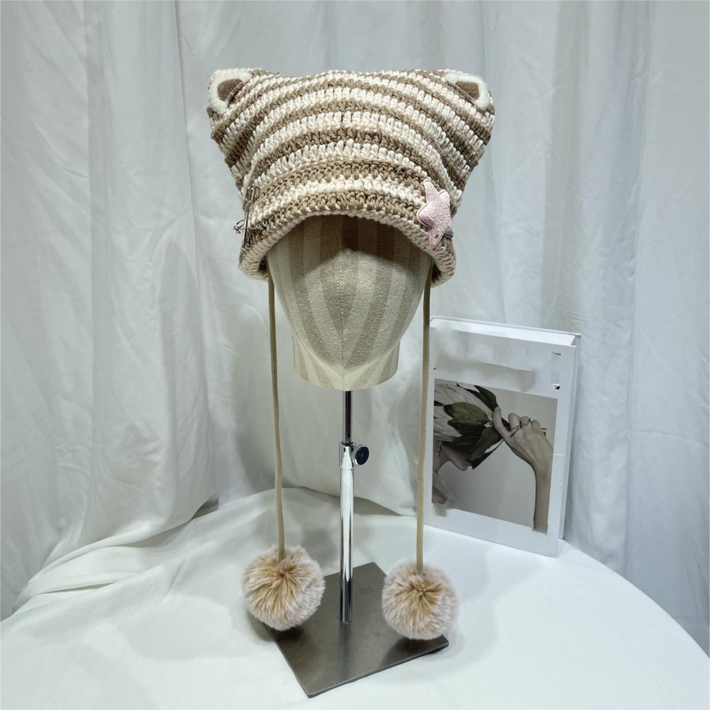 Women Y2K Cat Ear Beanie Hat with Pom Poms Star Accessories Goth Grunge Crochet Knitted Slouchy Skully Caps Alt Emo Clothes (Khaki-Beige)