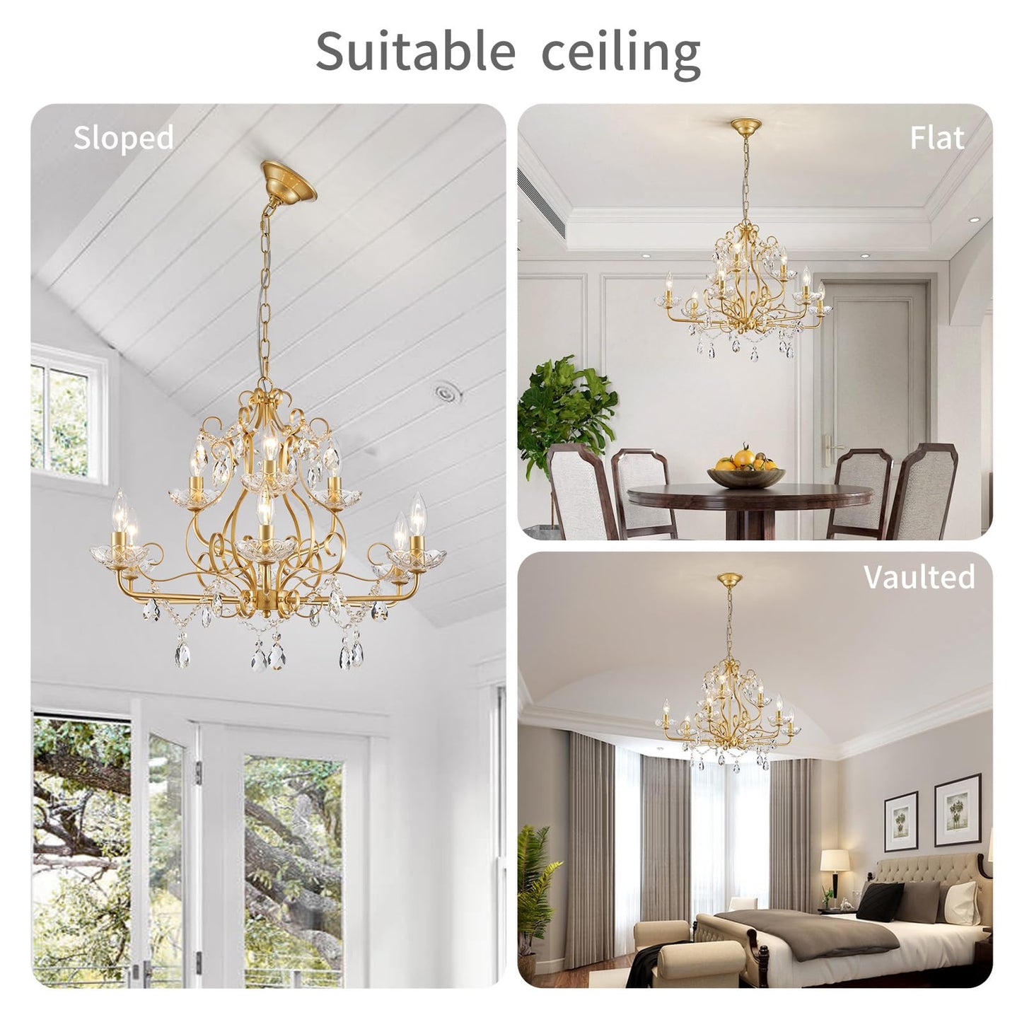 Wuzups 9-Light Crystal Candle Chandelier Pendant Flushmount Ceiling Light Modern Lighting Fixture For Bedroom Hallway Bar Kitchen Bathroom  H 18.1 X W 25.6  Gold  E12 Base
