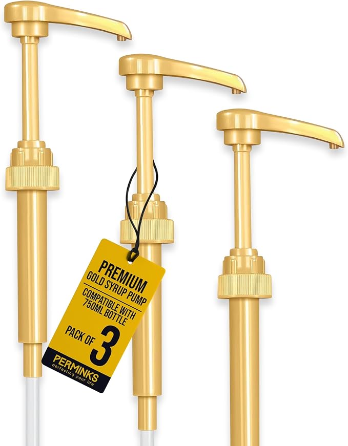 Premium Syrup Pump Compatible with Torani 750 ml Bottle, Davinci Syrups - No Spill, No Clog Syrup Pump Dispenser for Vanilla, Snow Cone, Blueberry, Coffee Flavoring & More (Pack of 3, Gold)