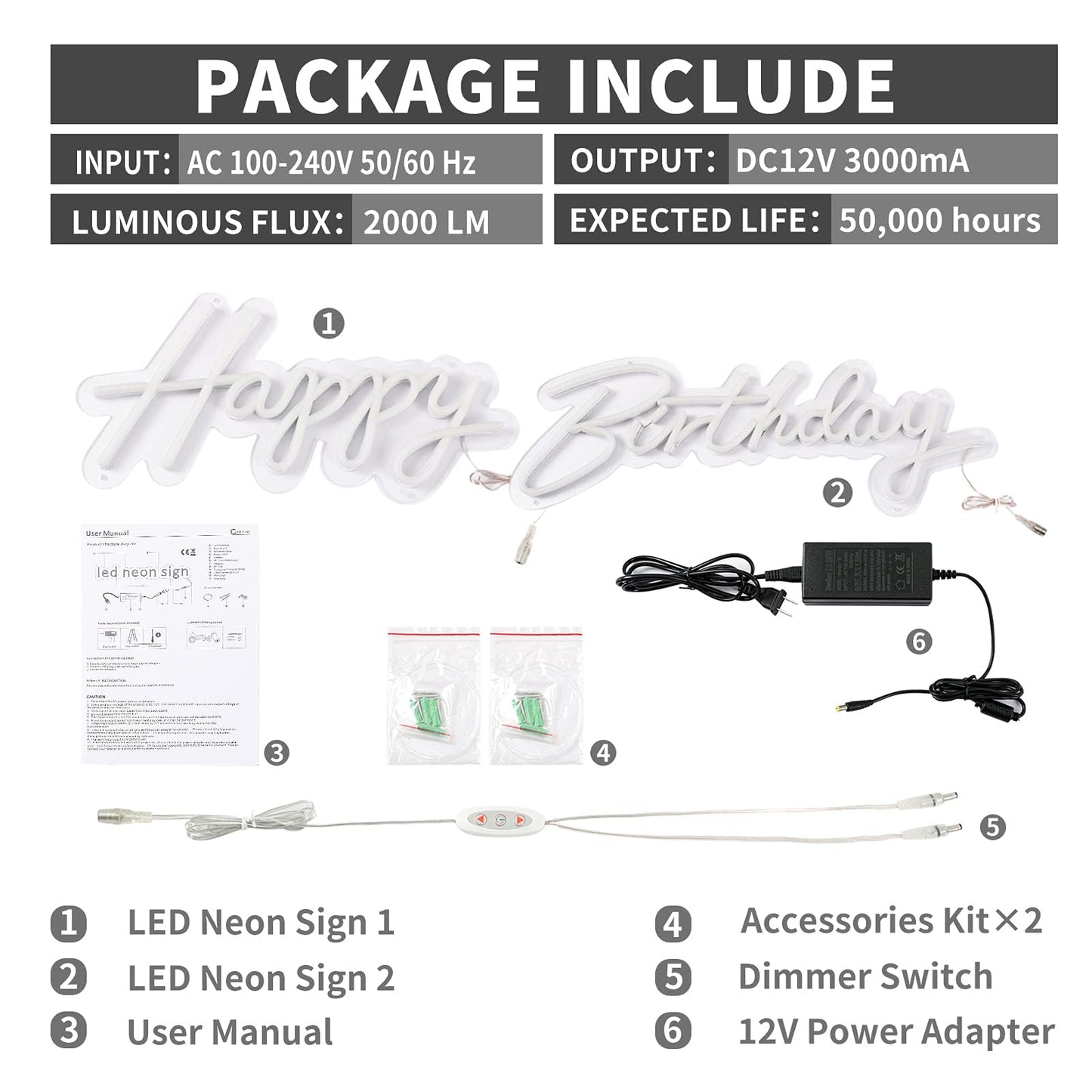 ATOLS Neon Birthday Sign Set, 2PCS with Dimmer, Acrylic, White, 16.5x8in & 23x8in for Wall Decor
