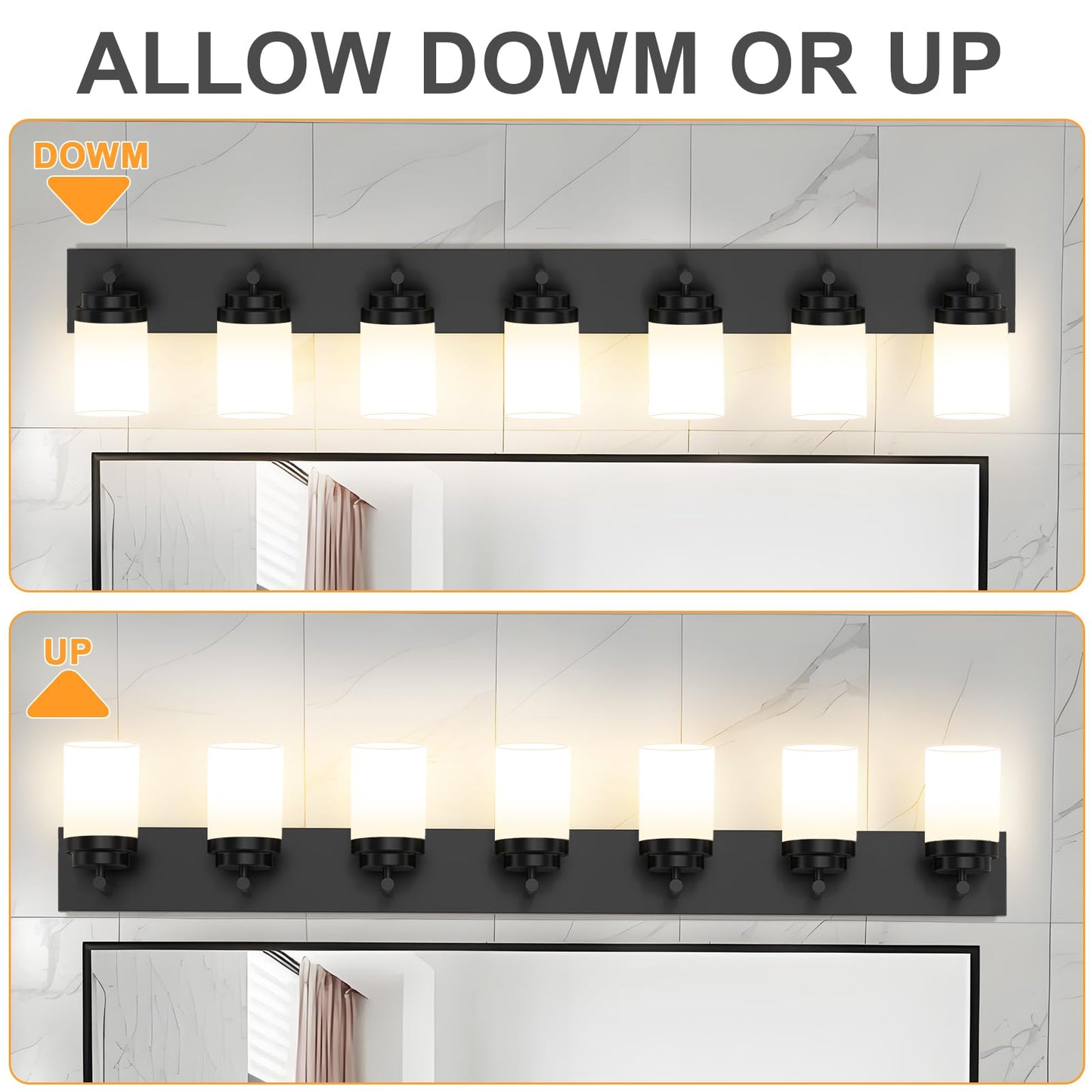 Izorro Bathroom Vanity Light Fixture  7-Light 51 Inch Matte Black Bathroom Light Fixtures Over Mirror  With White Glass Shade  Modern Farmhouse Vanity Lights  Rustic Restroom Lighting Fixtures