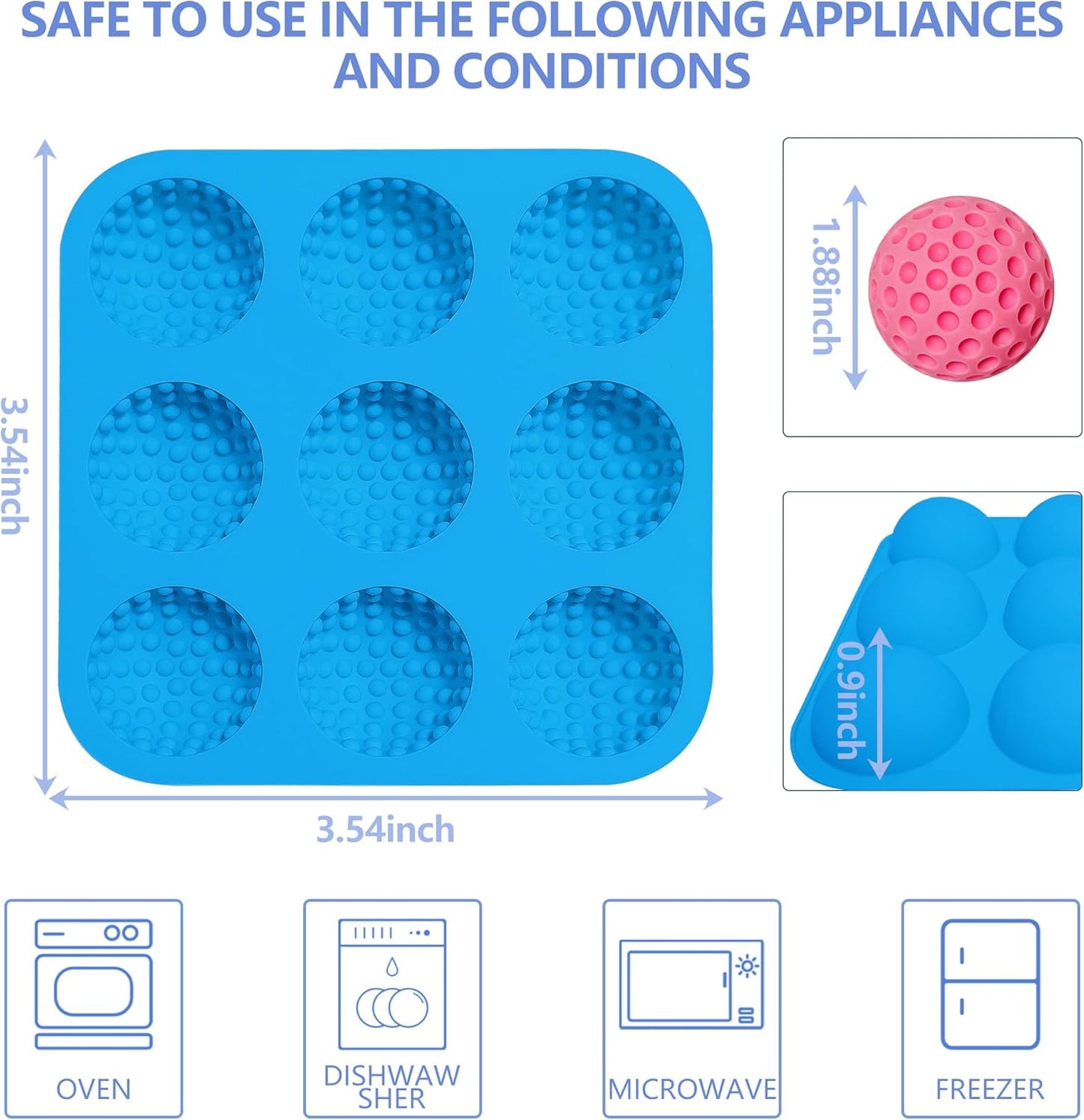 Sidosir Golf Ball Chocolate Silicone Molds for Cake Decorations,9-Cavity 3D Golf Ball for Ice, Hot Chocolate Bomb(3Pcs)