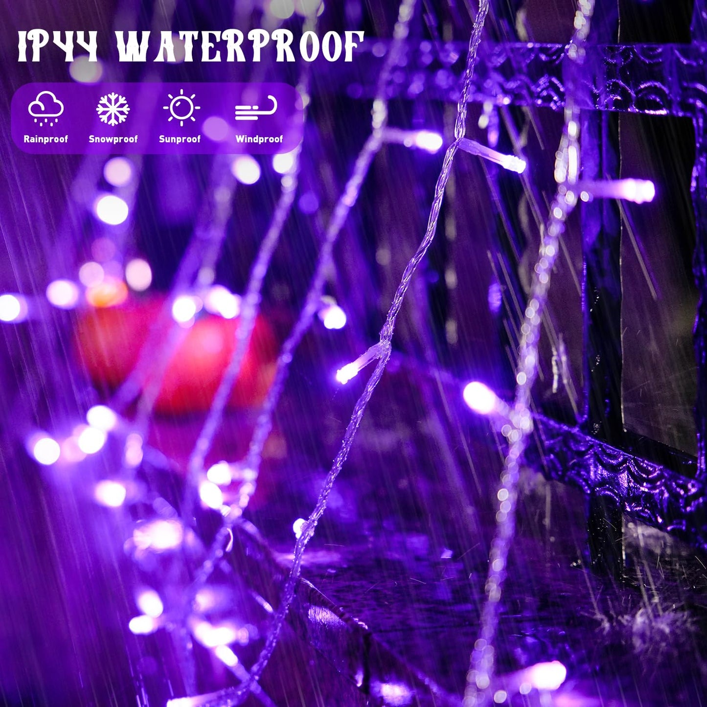 POTIVE Purple Halloween Lights - 200 LED Indoor/Outdoor, 66ft, Waterproof, 8 Modes, Model EXS-S-0200