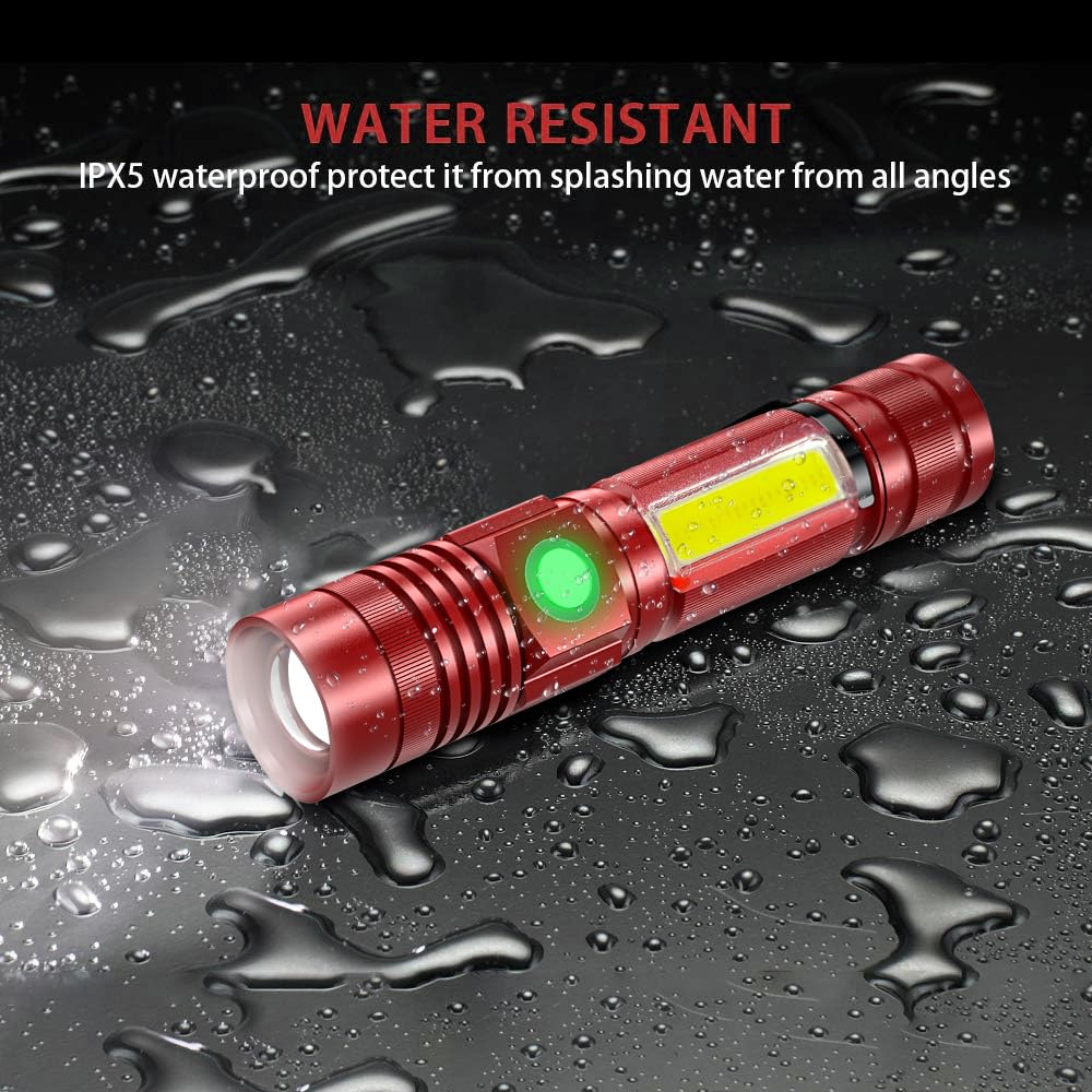 Vnina Rechargeable Tactical Flashlight - USB Magnetic, Zoomable, Waterproof, LED - 2 Pack Red, Model 006, Aluminum