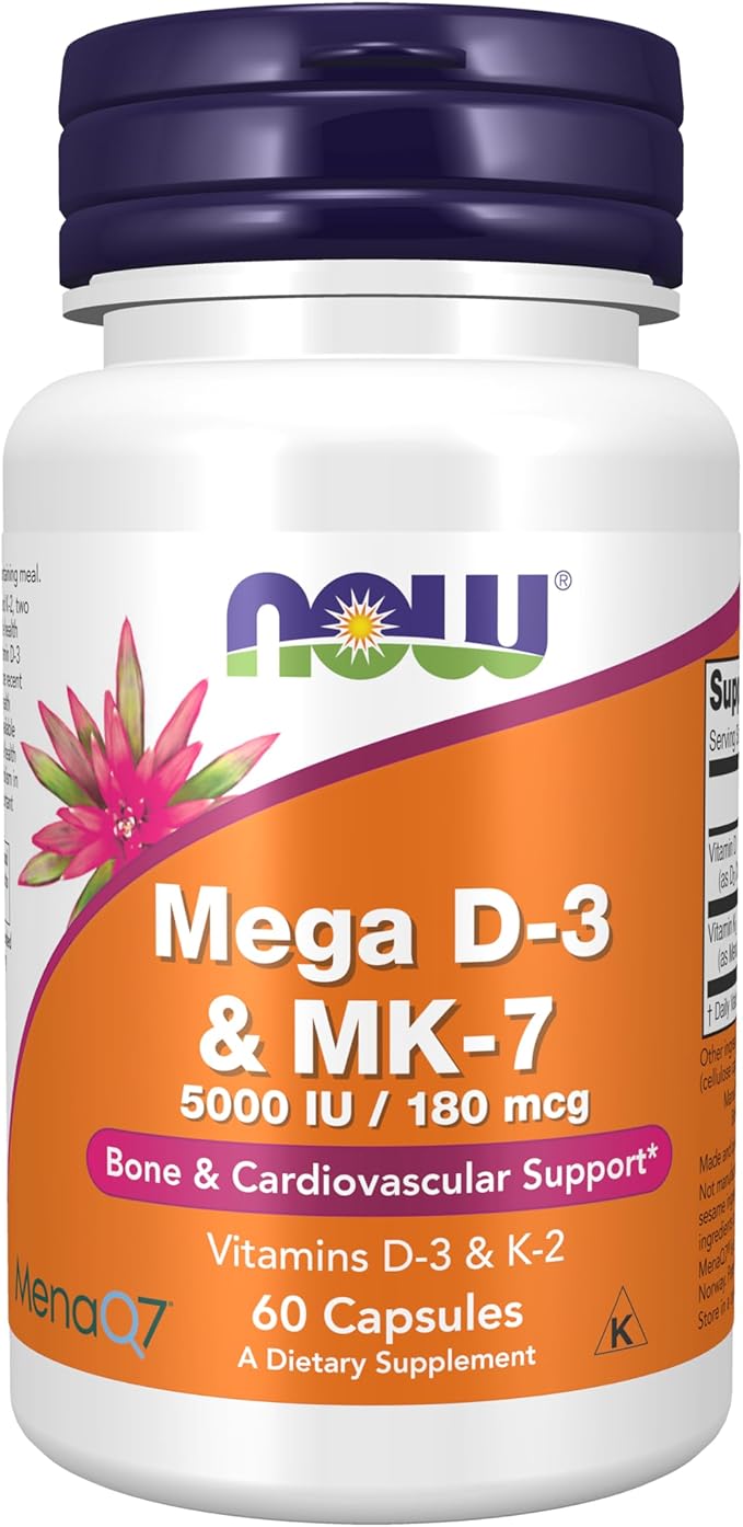 NOW Foods Supplements, Mega D-3 & MK-7 with Vitamins D-3 & K-2, 5,000 IU/180 mcg, Bone & Cardiovascular Support*, 60 Veg Capsules
