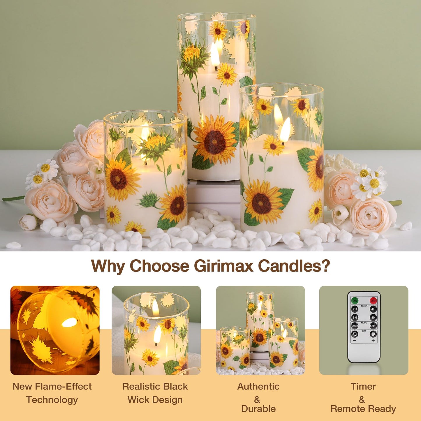 Girimax Sunflower Glass Flameless Pillar Candles with Remote, Flickering LED Battery Candles Christmas Holiday Decor Gift Set of 3