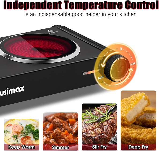CUSIMAX Hot Plate for Cooking,1800w Double Infrared Burner,Portable Electric Stove with Adjustable Temperature Control,Ceramic Glass Hot Plate for Dorm Office Home Camp,Black Stainless Steel