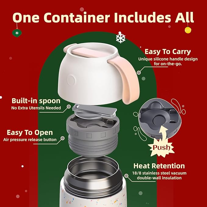 Thermo for Hot Food for Adults Kids | Wide Mouth, 18 oz Insulated Food Jar with Spoon, Leakproof Soup Thermo for School Office Travel, Thermal Steel Lunch Container Easy to Carry (White)