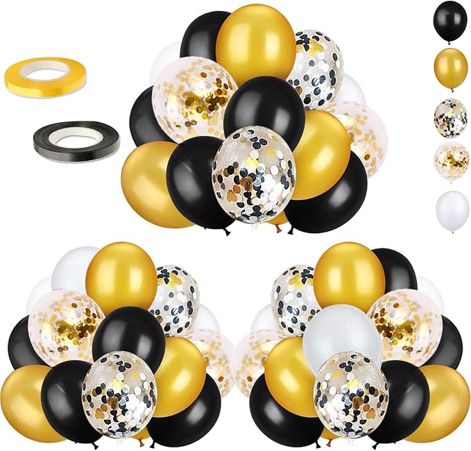 72 Pack Black Gold Confetti Balloons Kit, 12 Inch Black Gold White Balloons and Gold Confetti Balloons with Balloon Ribbon...