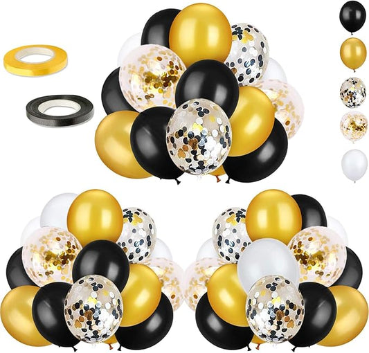 72 Pack Black Gold Confetti Balloons Kit, 12 Inch Black Gold White Balloons and Gold Confetti Balloons with Balloon Ribbon...