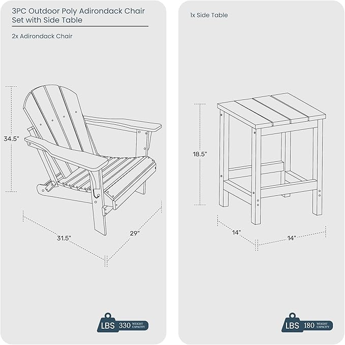 WO Home Furniture Adirondack Chair Table Set of 2 PCS Outdoor Folding Chair w Side Table Weather/UV Resistant for Lawn, Garden, Bon Fire, Balcony (Red)