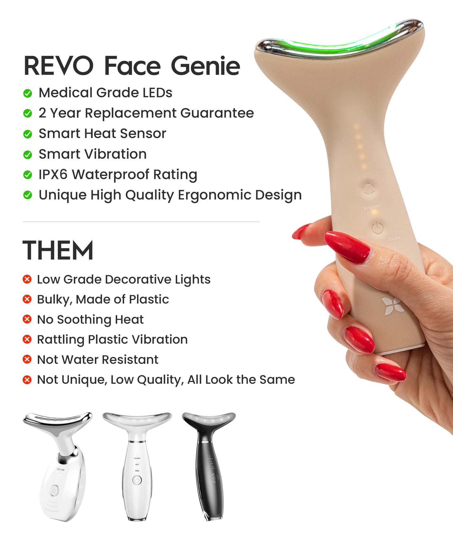 REVO Genie | Face & Neck Beauty Massager with Ultra Powerful LEDs for Wrinkles, Fine Lines, Puffy Skin, Uneven Skin Tone, Lympha