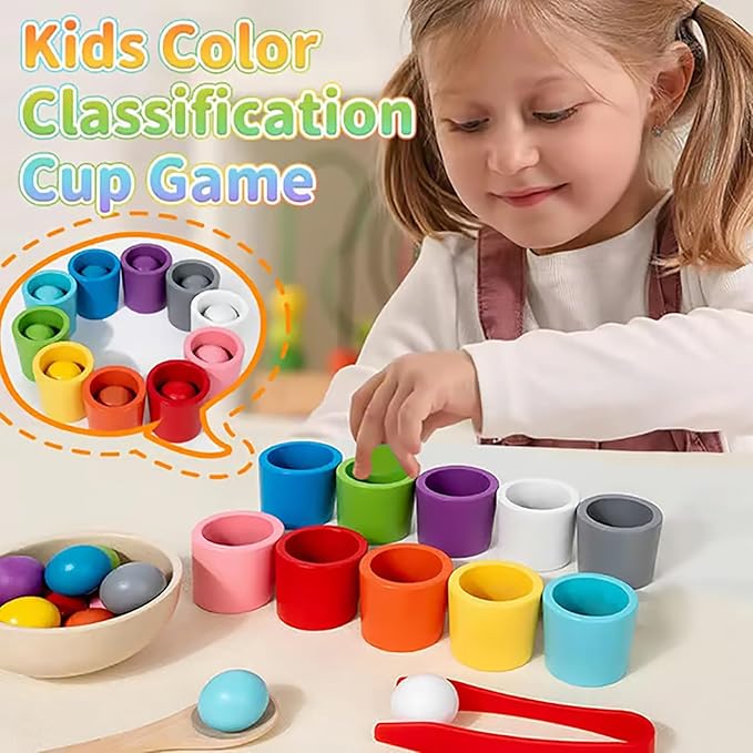 Rainbow Balls in Cups Toddler Toys, Montessori Wooden Color Sorting Toys for Toddlers 1-3, Educational Preschool Learning Game, Fine Motor Skills Montessori Matching Toy for Kids(1pc)