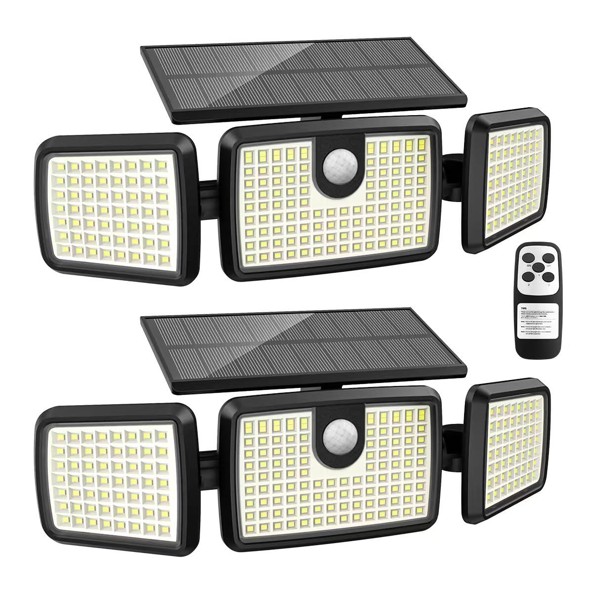 MIHANI Solar Motion Lights, 3 Head, 2500LM, 232 LEDs, Tempered Glass, 2-Pack, Black, Model MHN